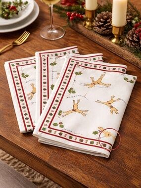 Vintage Style Christmas Reindeer Napkins Set 4 Holiday Table holly retro  party